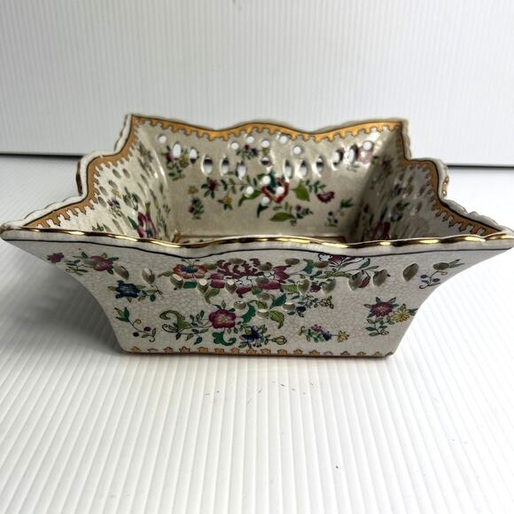Vintage Chinoiserie Square Reticulated Chinese Porcelain Bowl Grandmillenial - Picture 4 of 8